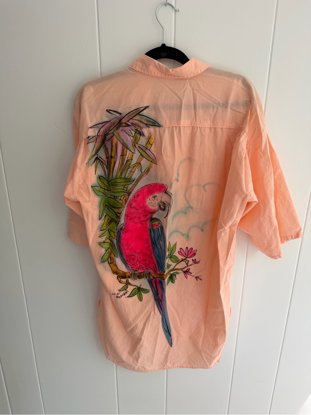 Vintage Short Sleeve Button Up with Hand Painted Parrot Illustration